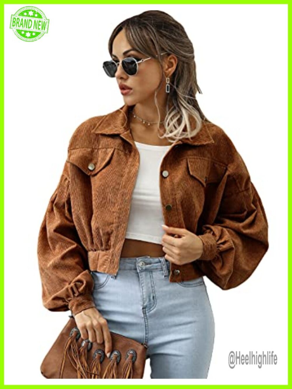 Qiaomai Womens Cropped Corduroy Jacket Loose Button Down Puff Sleeve Shacket